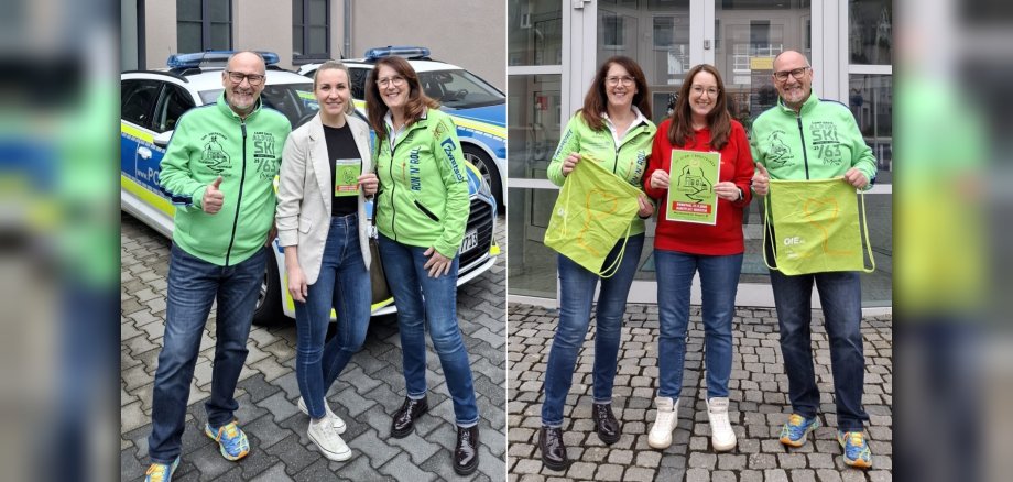 Das Foto zeigt die genannten Personen. Sie stehen nebeneinander und halten einen Flyer der Veranstaltung bzw. die Taschen der OIE in den Händen.