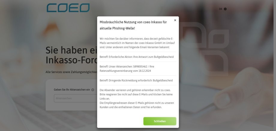 Screenshot Homepage coeo Inkasso GmbH