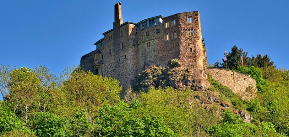 Das Foto zeigt einen Blick auf Schloss Oberstein und den Schlossfelsen.