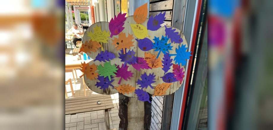 An diesem „Baum“ konnten die kleinen und großen Gäste Feedback-Karten zu der Veranstaltung anbringen, wovon reichlich Gebrauch gemacht wurde. Das Foto zeigt einen "Baum" mit vielen bunten Papierblättern.