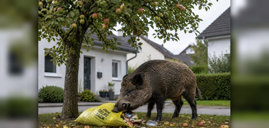 Das KI-generierte Foto zeigt ein Wildschwein, das vor einem Gebäude aus einem gelben Sacke frisst.