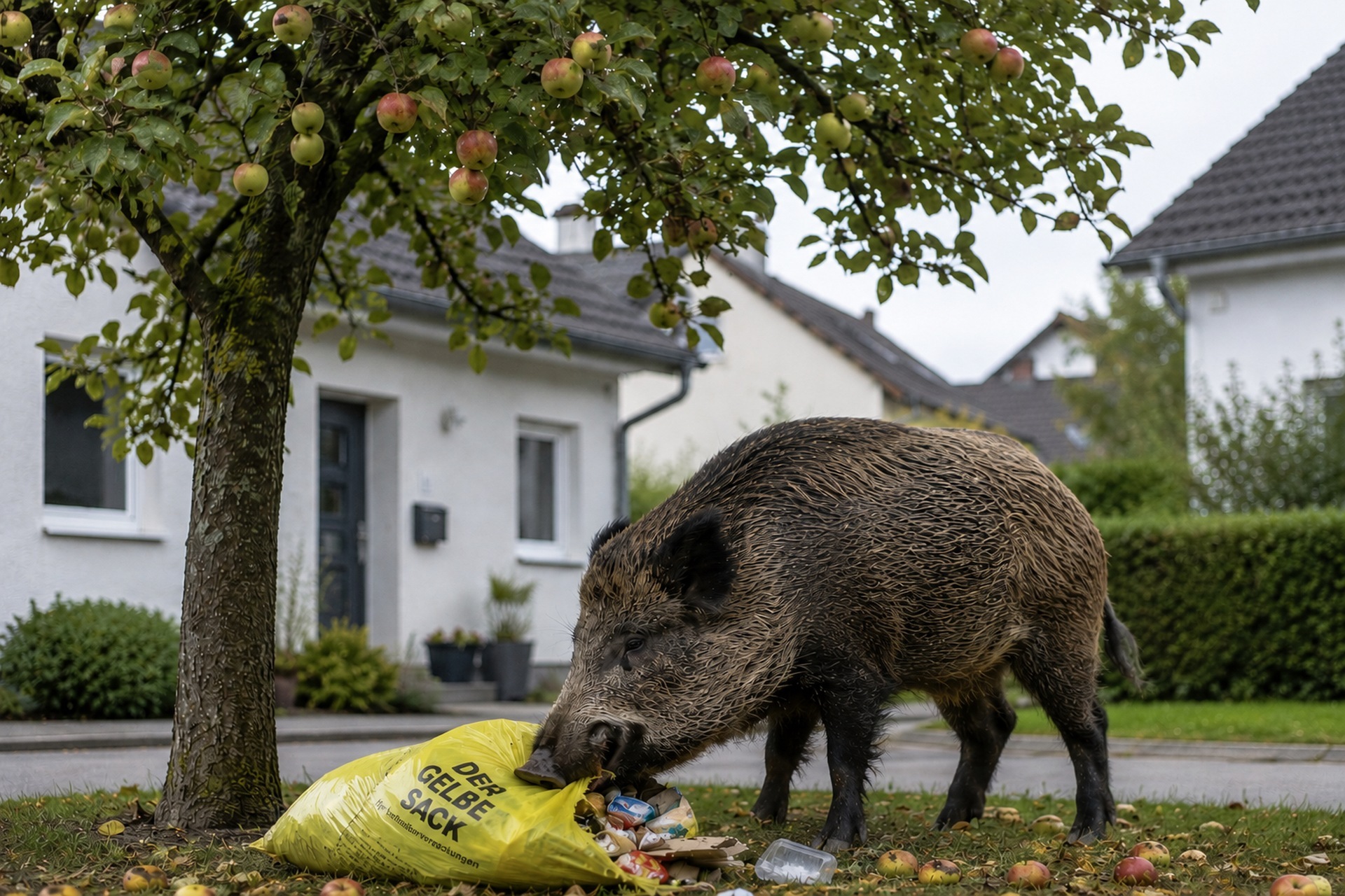 Das KI-generierte Foto zeigt ein Wildschwein, das vor einem Gebäude aus einem gelben Sacke frisst.