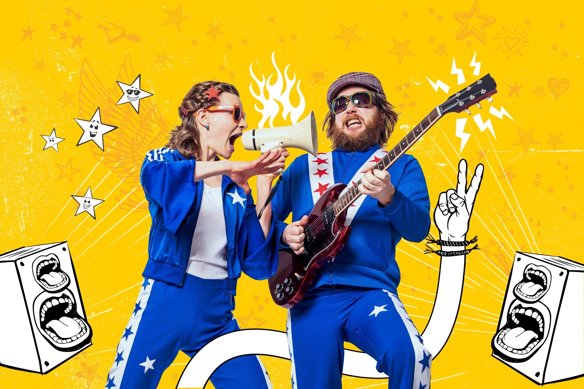 Das Foto zeigt eine Werbegrafik mit den beiden Bandmitgliedern vor gelbem Hintergrund.