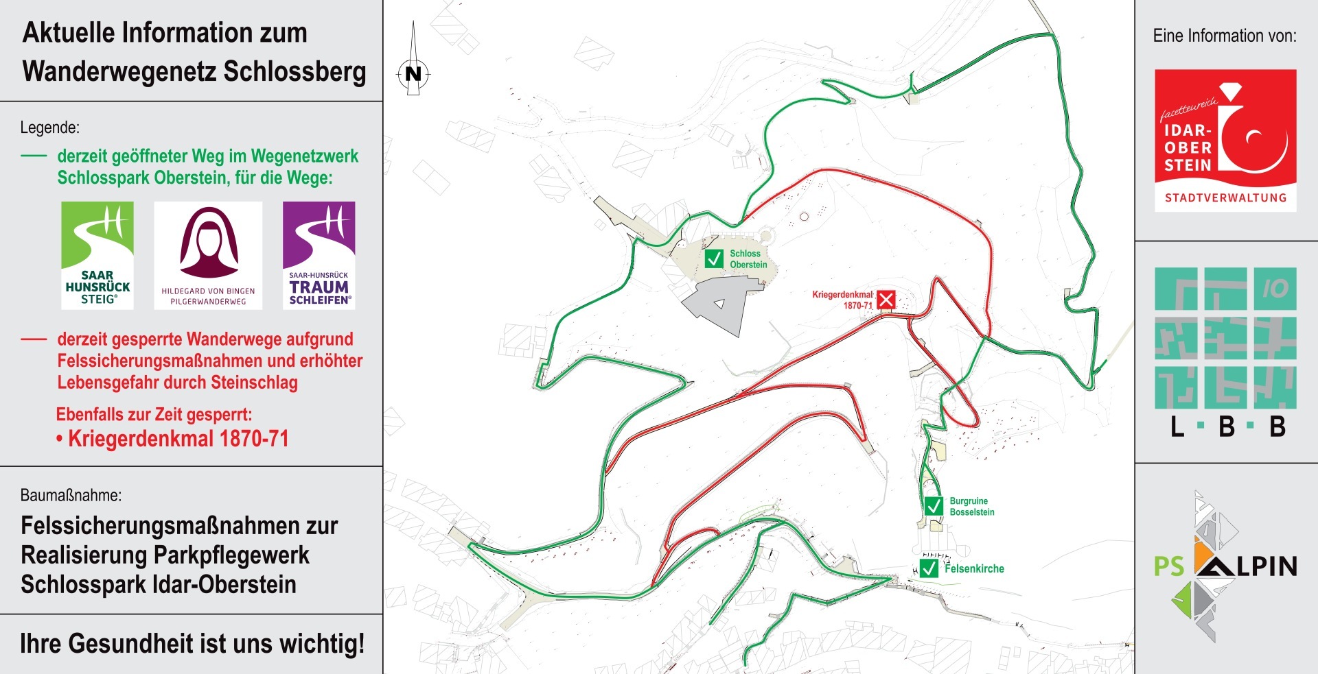 Bauzaunbanner mit gesperrten bzw. freigegebenen Wegen.