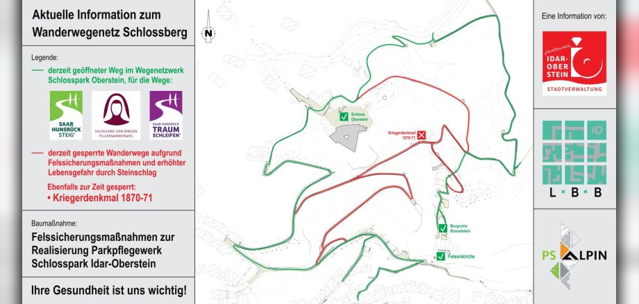 Bauzaunbanner mit gesperrten bzw. freigegebenen Wegen.
