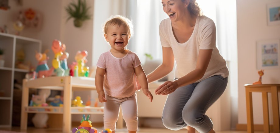 Kindertagespflege ist eine flexible und familiennahe Form der Kinderbetreuung. Eine kostenfreie Infoveranstaltung am 19. Juni bereitet Interessierte auf einen neuen Qualifizierungskurs vor, der die Teilnehmenden ab September 2026 für diese gesellschaftlich wichtige Arbeit rüstet. Das Foto zeigt ein Baby und eine junge Frau, die es betreut.