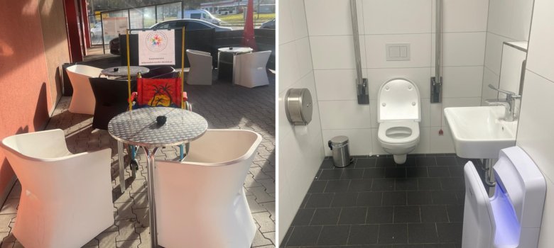 Die Fotos zeigen den Außenbereich und die Behindertentoilette der Tankstelle.
